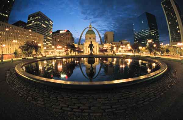 Kiener Plaza with Old Courthouse and Arch at Dawn with Fisheye