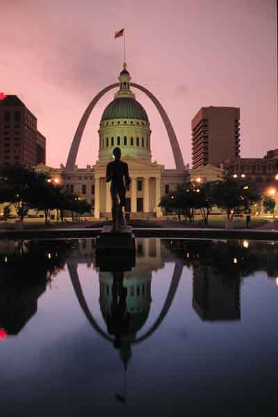 Old Courthouse and Arch Reflected in Kiener Plaza Fountain