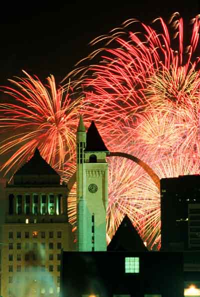 Fireworks Behind The Arch and Union Station Clocktower