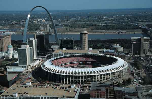 Aerial of Busch Stadium and Arch