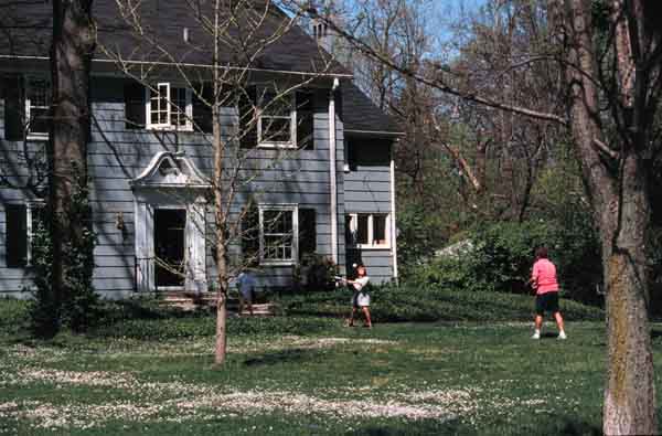 Family Playing Softball in Yard in Spring